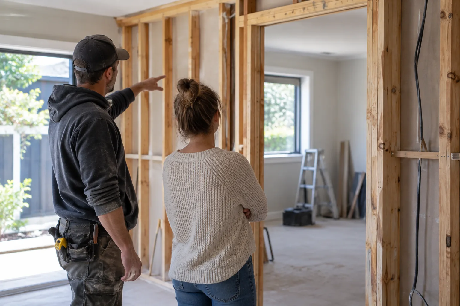 Interior home renovation with exposed timber framing and two people reviewing a proposed change before work continues