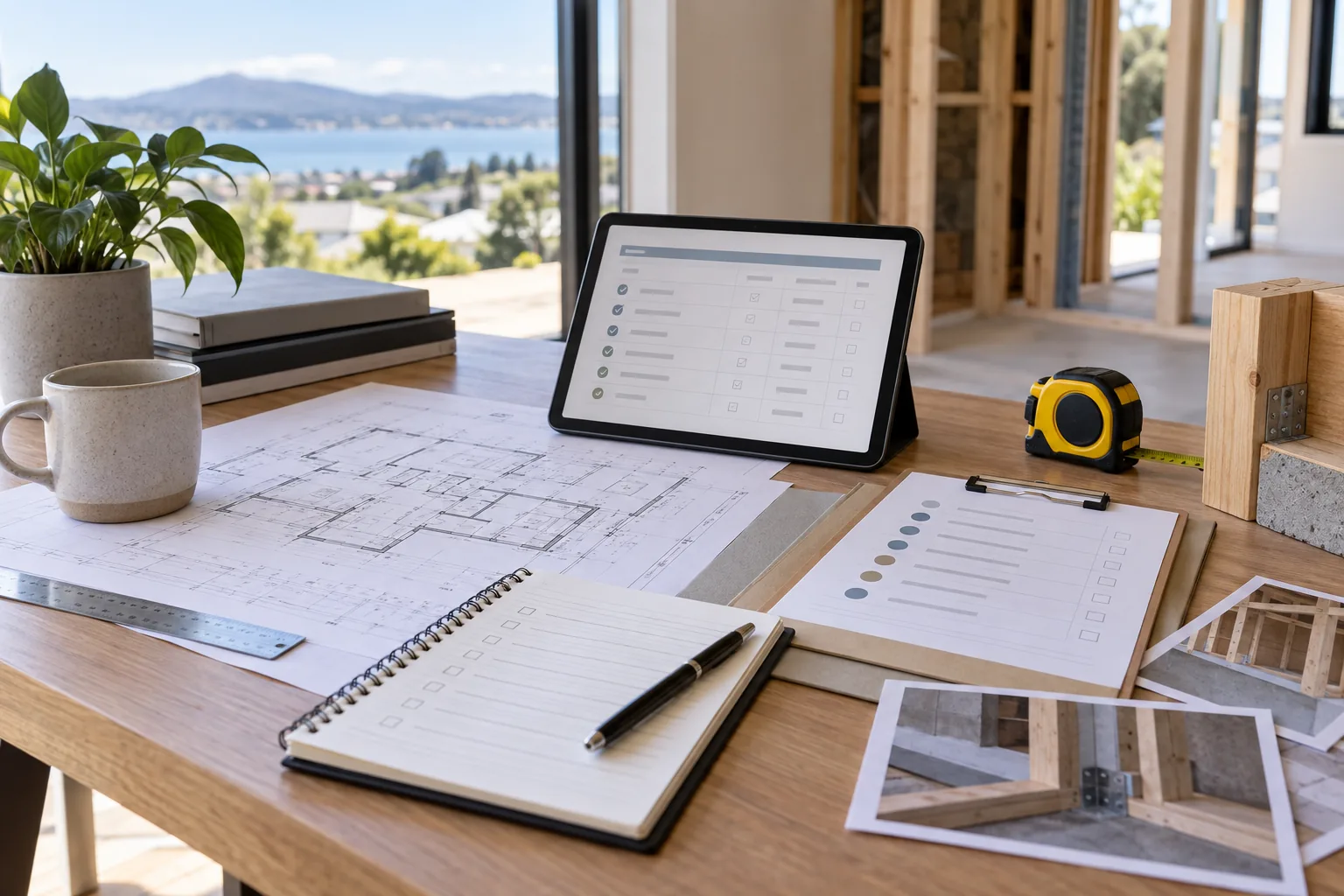 Building consent inspection record with plans, inspection notes and construction documents arranged on a table
