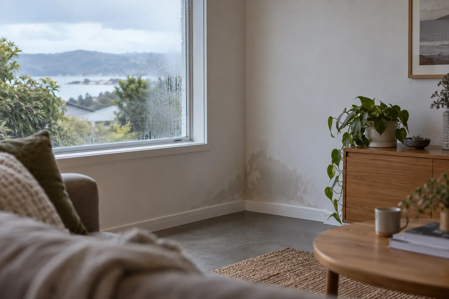 Living room with condensation on a window and faint discolouration on an adjacent wall.