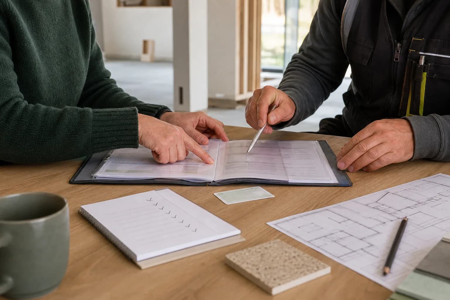 Homeowner and builder reviewing a project folder, checklist and plans together