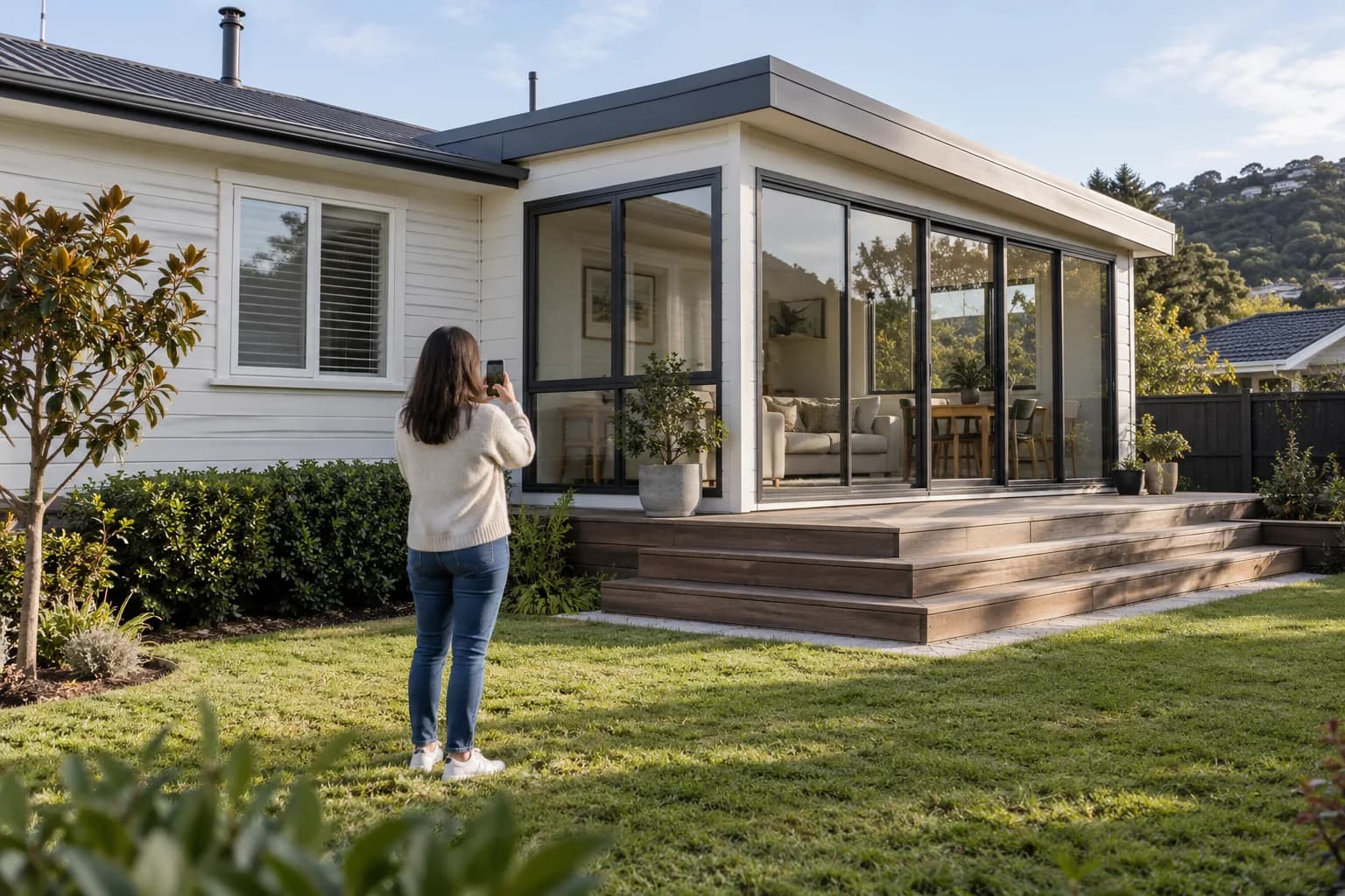 Homeowner photographing a completed residential extension while preparing to check the council record