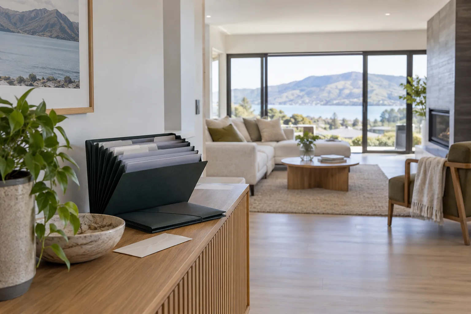 Final-sign-off project records organised in a document folio inside a completed home