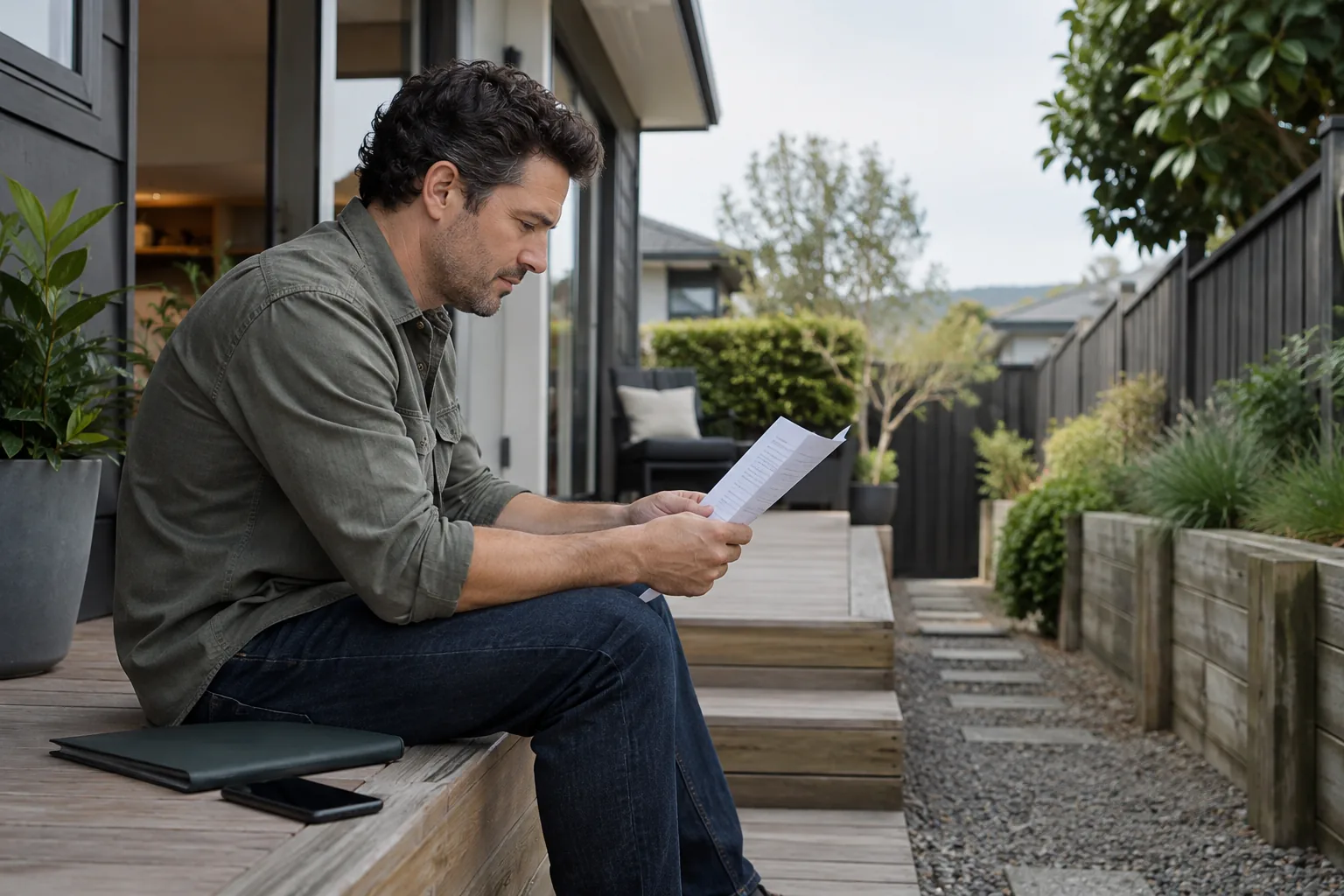 Homeowner reviewing a Notice to Fix record beside the relevant area of their property