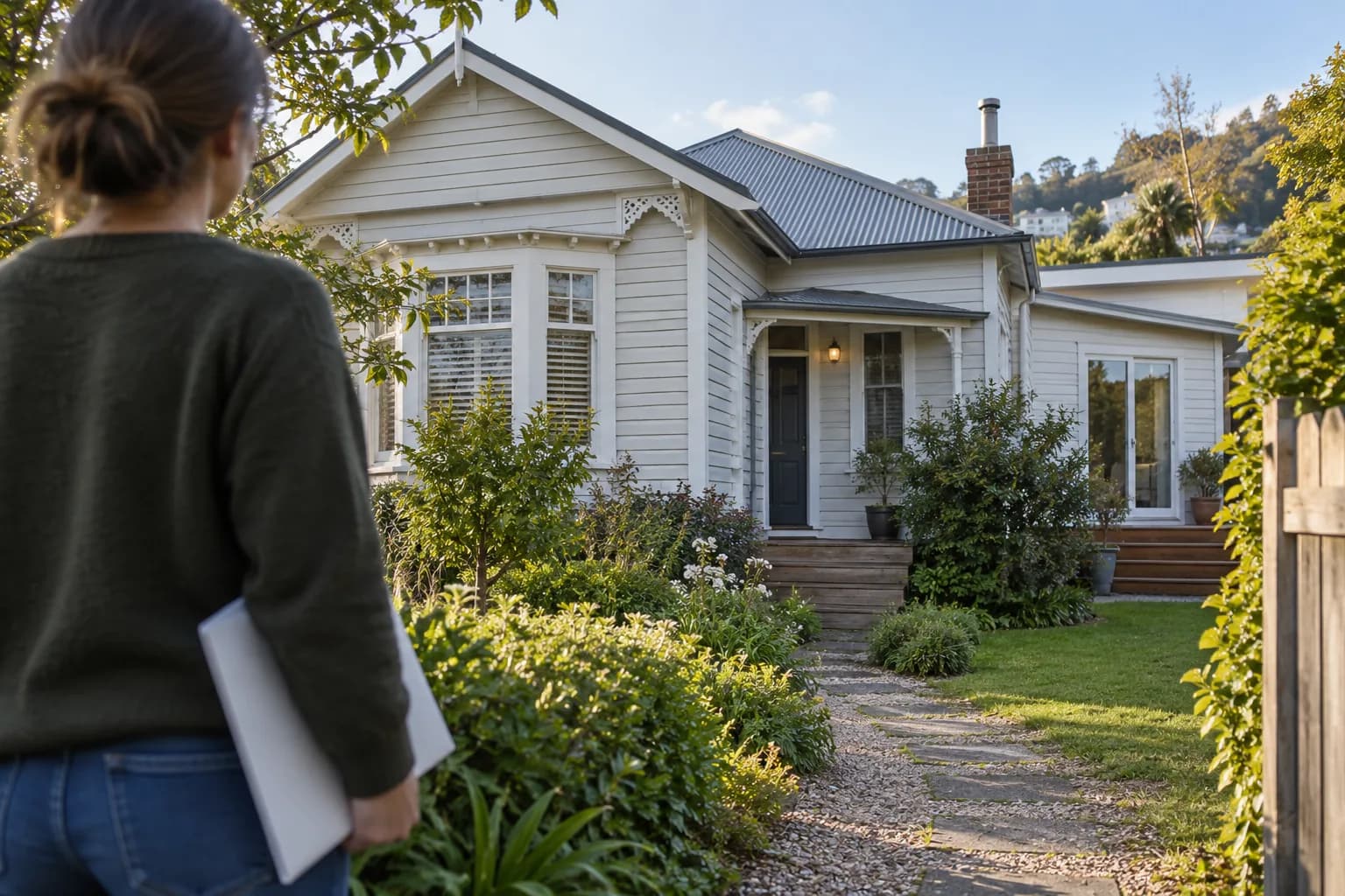 Homeowner holding a plain folder while looking towards a New Zealand weatherboard house from a garden path.