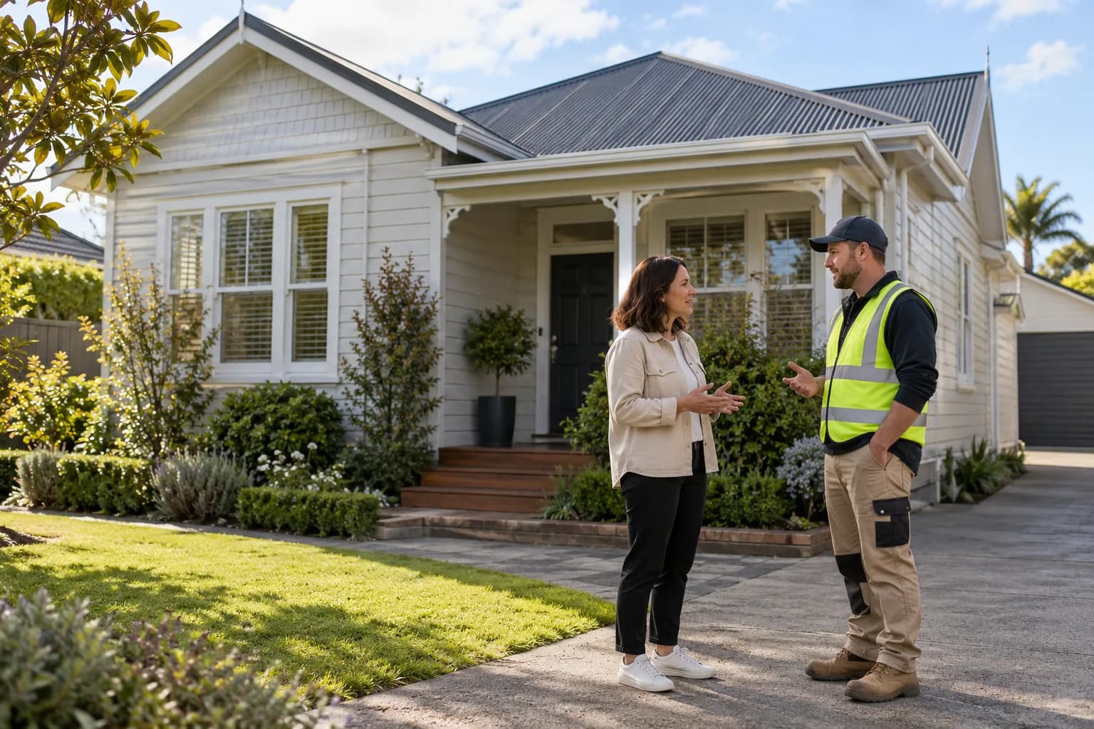 Homeowner and builder discussing a planned renovation outside a New Zealand-style weatherboard house.