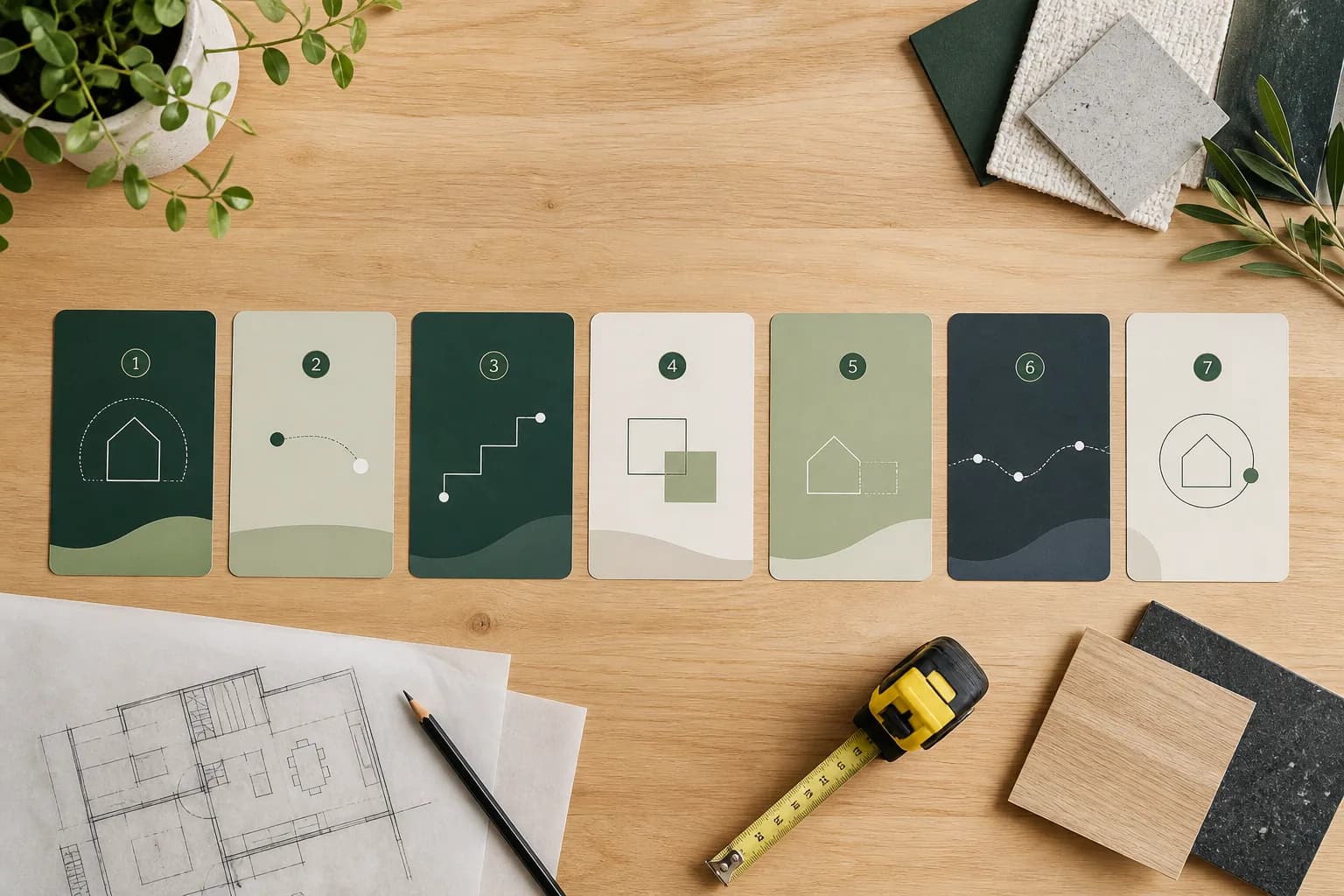 Seven numbered renovation planning cards arranged with plans and material samples