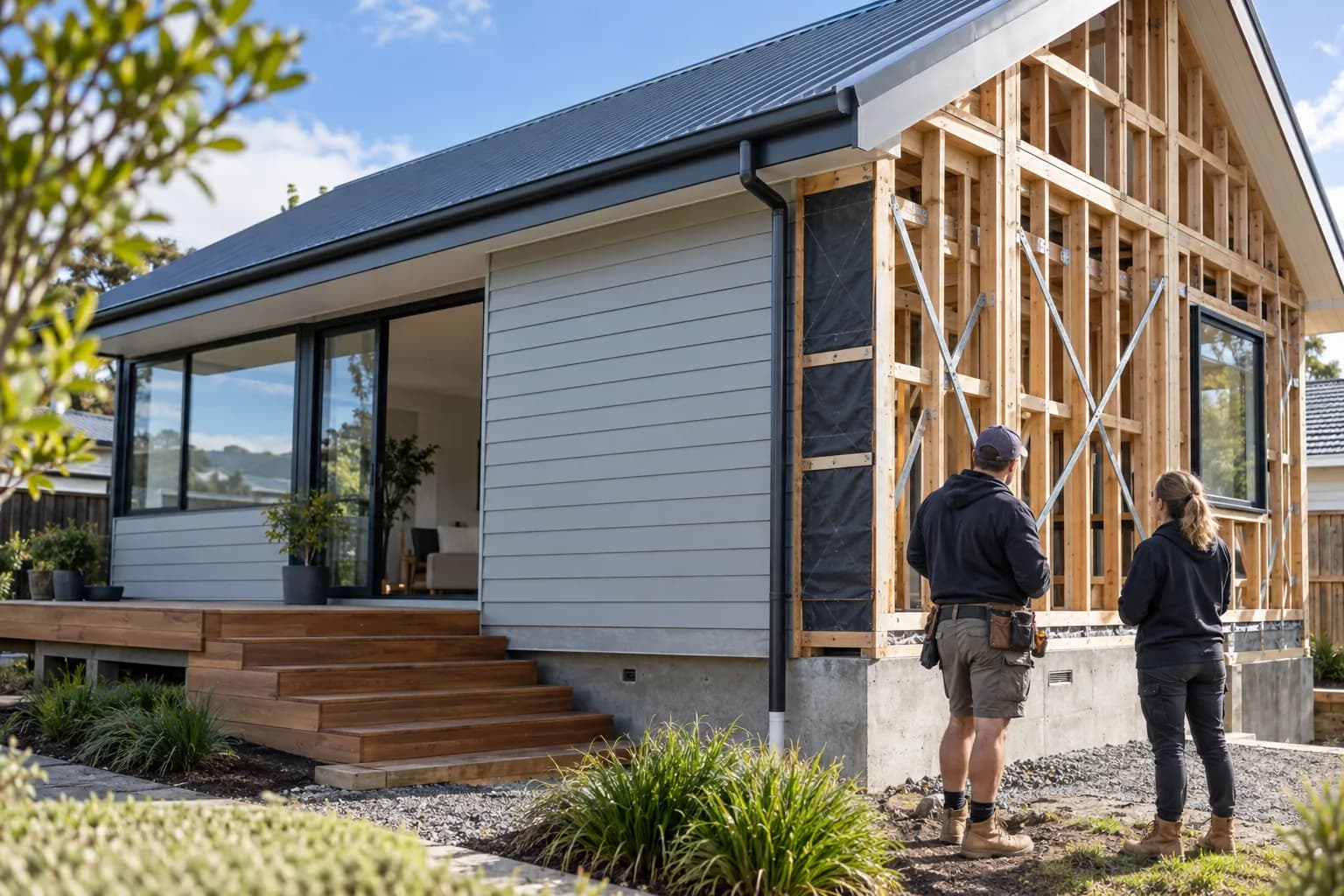 New Zealand home renovation showing exposed timber framing and finished exterior cladding with two tradespeople reviewing the work